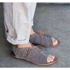 CYDWOQ Vintage Women’s Grey Taupe Woven Lace Up Leather Sole Sandal